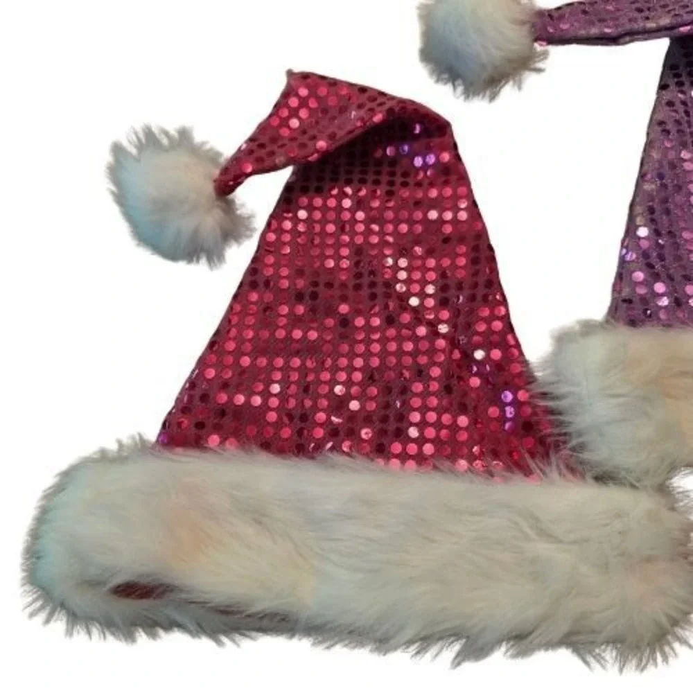 Set of 2 Pink and Purple Sequin Santa Hats White Faux Fur Trim Christmas Holiday